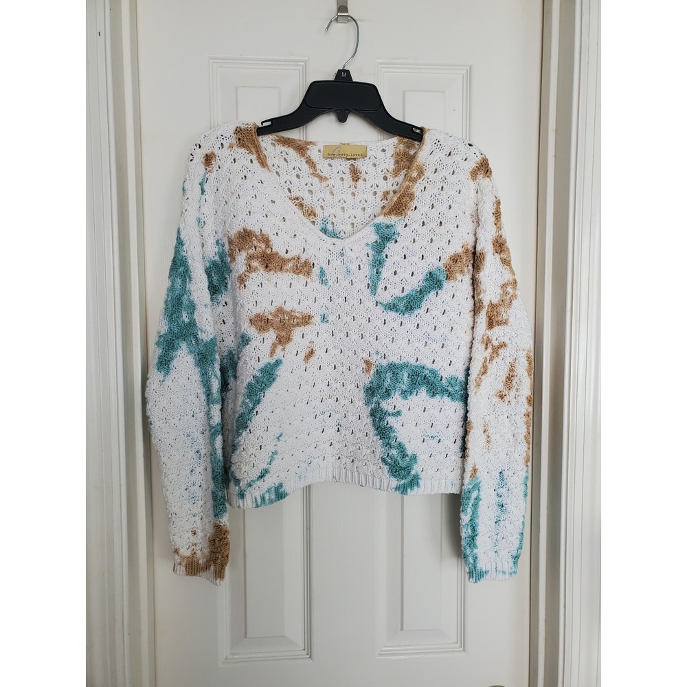 How Very Loved Sweater White Blue Tan Open Knit Crochet V-Neck Boho Pullover S
